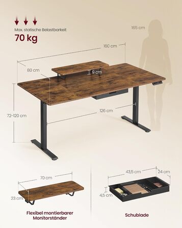 Письмовий стіл з регульованою висотою, 160 x 80 см, гнучка підставка для монітора, шухляда, порт USB-C, нагадування про тривале сидіння, для офісу, вінтажний коричневий LSD156KD01 160 x 80 см вінтажний коричневий