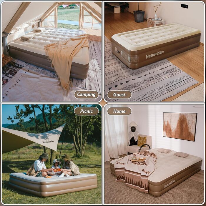 Надувний матрац Naturehike для 3 осіб, що самонадувається, з насосом на батарейках - надувне ліжко для гостей 200x180x45 см для кемпінгу та дому, легкий, зручний та швидко надувається, коричневий/3 особи/45 см