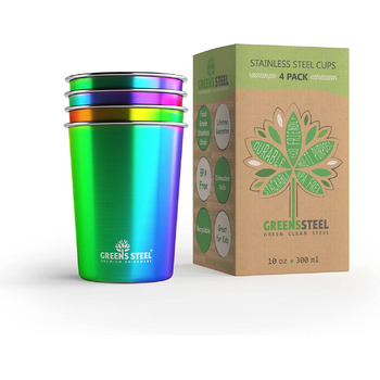 Дитячі стаканчики Greens Steel з нержавіючої сталі - Веселка, 300 мл Преміальні склянки для пиття Без пластику Штабелюваний, міцний та багаторазовий набір для пиття Ідеально підходить для дітей Стійкий до подряпин, нековзний, 300 мл (упаковка з 4 шт. , Ве