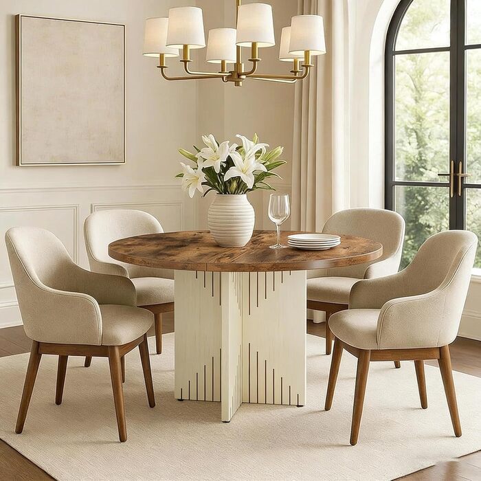 Круглий обідній стіл LITTLE TREE, сучасний кухонний стіл 100 см, обідній стіл з круглою дерев&39яною основою, велика робоча поверхня з МДФ для 4-6 осіб, коричневий та бежевий