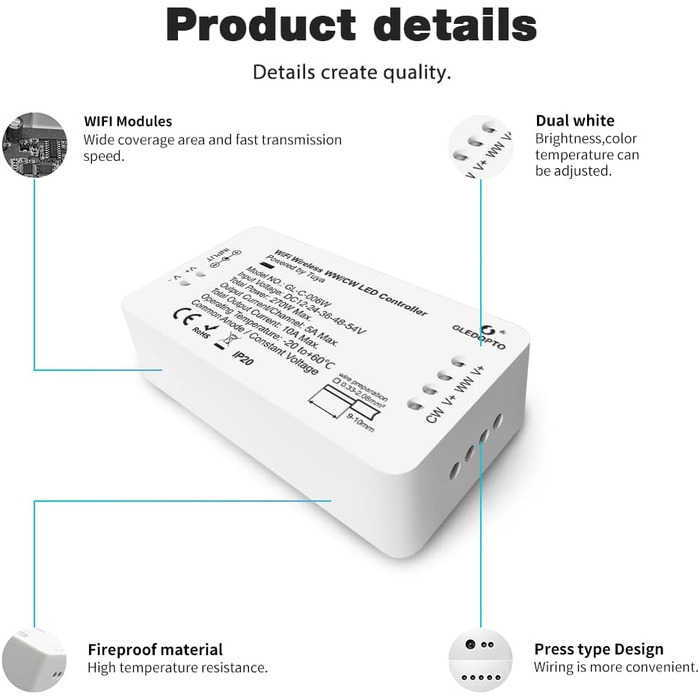 Контролер GLEDOPTO WiFi Світлодіодна стрічка WW/CW DC12-24-54V Контролер світлової стрічки Голосове керування за допомогою програми з Tuay Smart Life Alexa Google Home Assistant без додаткового концентратора