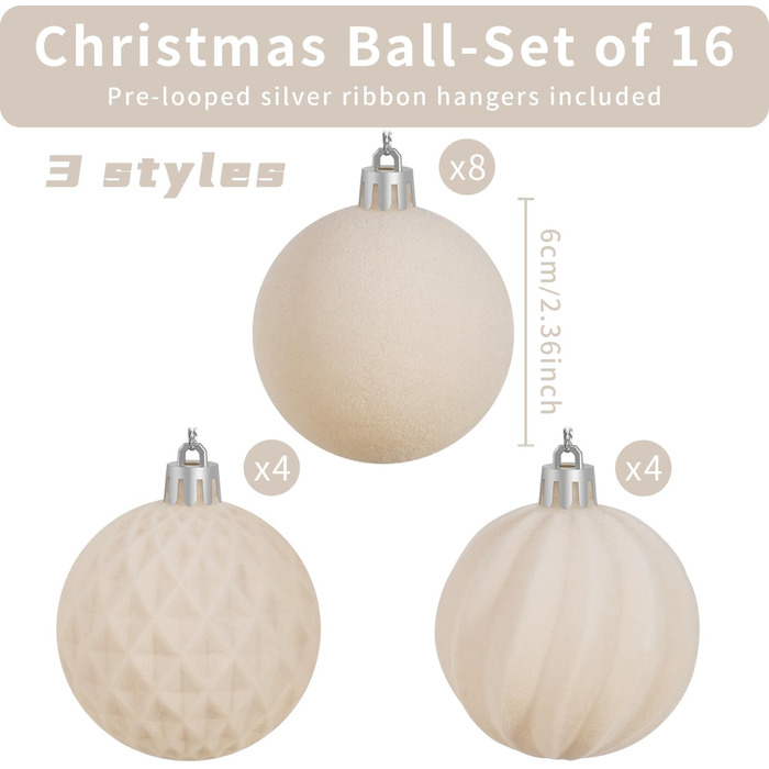 Набір з 16 оксамитових різдвяних прикрас для ялинки біжевий Miaikoe