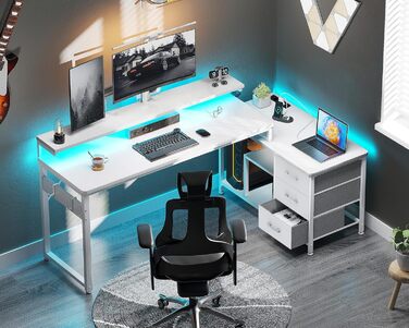 Г-подібний письмовий стіл ODK з шухлядами, кутовий стіл 174x100 см, білий з перевернутою полицею, ігровий стіл зі світлодіодним підсвічуванням та підставкою для монітора, комп&39ютерний стіл, офісний стіл для кабінету або спальні, 174x100 см, білий