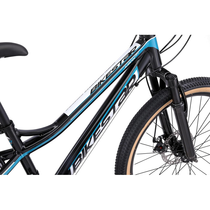 Гірський велосипед BIKESTAR з алюмінію, дитячий, 24 дюйми, вік 9-14 років, хардтейл 21 швидкість Shimano Gears, дискові гальма, амортизаційна вилка Дитячий велосипед Безризиковий пробний період, чорний та бензиновий