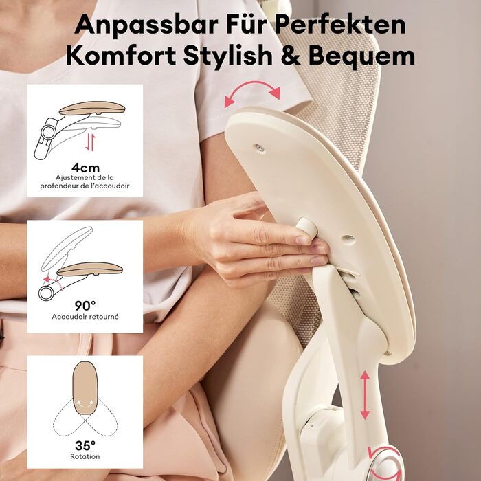 Ергономічне офісне крісло MUSSO E80 Muse FemmePosture для жінок - нахил 135 та 3D-підтримка попереку, підголівник 17 см 4D, висувна підставка для ніг, регулювання глибини/висоти сидіння, регульовані підлокітники (бежевий)