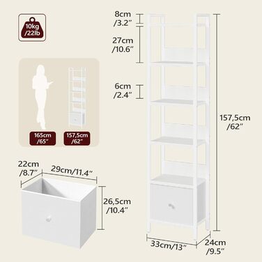 Книжкова полиця з шухлядою, окремостояча полиця, з 6 полицями, 33 x 24 x 157,5 см, книжкова шафа з металевим каркасом, органайзер для вітальні, кабінету або кухні, біла ABKWT66101 6 полиць (33 x 24 x 157,5 см) Біла