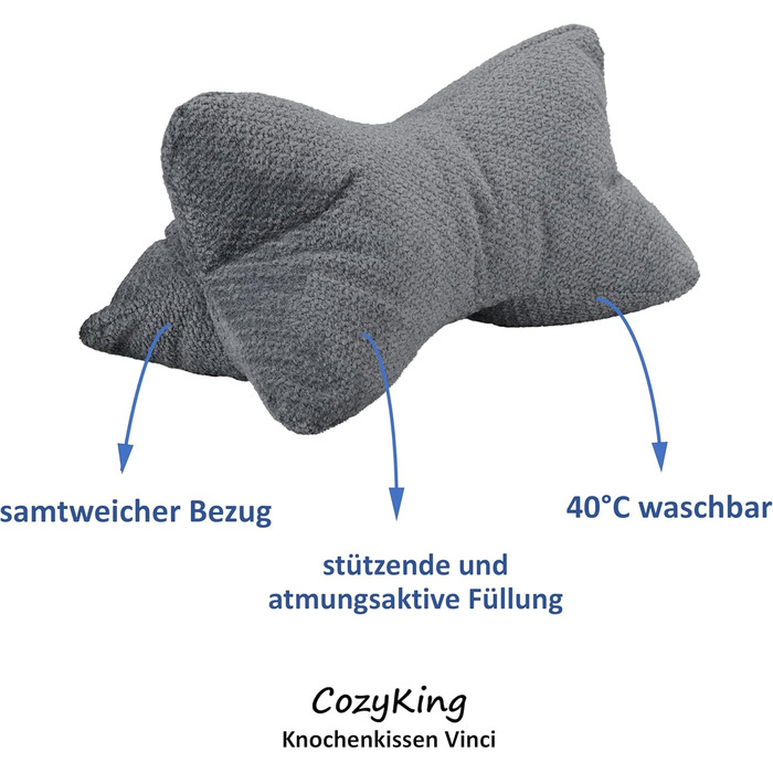 Подушка для шиї CozyKing Vinci сірого кольору з кістки для читання, подушка з кістки, валик для шиї, подушка для читання, сертифікована ko-Tex 100 та придатна для прання при 40C - подушка для шиї, колін або живота для читання або відпочинку - 38x19x19 см