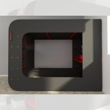 Дитяче двоярусне ліжко з ігровим столом в антрацитовому та червоному кольорах