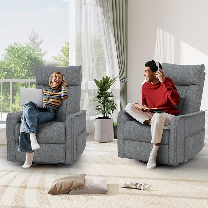 Крісло для телевізора/масажне крісло з функцією відкидання, крісло для релаксації з підігрівом та масажем, крісло для телевізора з поворотом на 360 для вітальні, крісло-гойдалка з м&39яким підголівником, 2 бічні кишені, сірий