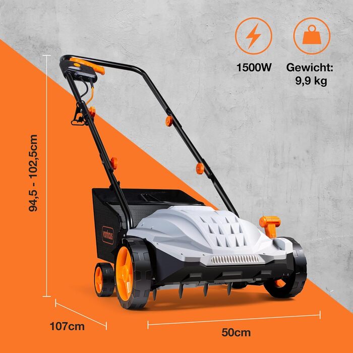 Електричний аератор/вертикуттер/граблі для газону 1500 Вт, для розпушування та прибирання газону, видаляє повсть, мох та листя, покращує аерацію ґрунту, мішок для збору 30 л, 4 рівні висоти зрізу, ширина робочого захоплення 32 см, потужність 1500 Вт