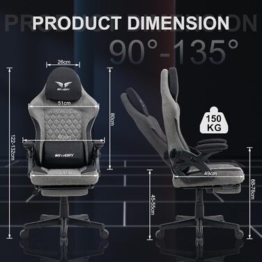 Ігрове крісло, ергономічне гоночне ігрове крісло з регульованим підголівником, робоче крісло з тканинною оббивкою, пружинною подушкою сидіння, з&39єднувальними підлокітниками та підставкою для ніг, функцією гойдання, новим підлокітником 135 - чорне