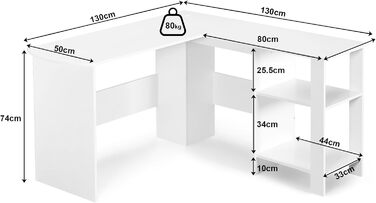Г-подібний стіл Sweetcrispy з полицею та шафою, 130x130x74 см, кутовий стіл, міцний ігровий стіл з місцем для зберігання, легке складання, білий 130x130x74 см