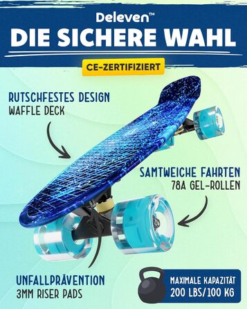 Скейтборд Deleven LED Galaxy Blue 56 см зі світлодіодними колесами ABEC-7 міні-круїзер для дітей дорослих початківців інструмент T-Tool у комплекті синій галактика пенні-борд з LED підсвічуванням оригінал 2025