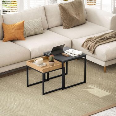 Набір журнальних столиків HOMCOM із 2 шт. , столики-гніздові, квадратні бічні столики зі знімним підносом, сталевий каркас, стіл для вітальні, журнальний столик, диван-столик для вітальні та спальні, чорний дуб