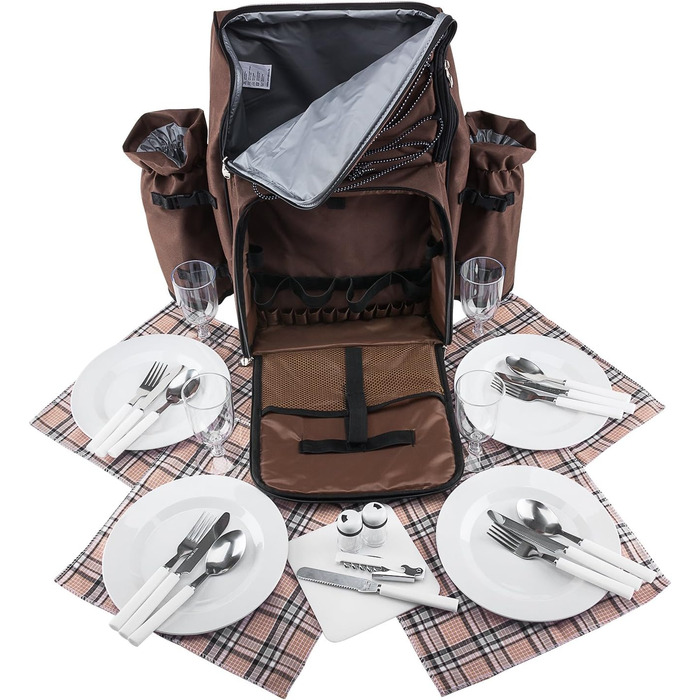 Рюкзак для пікніка Anndora на 4 особи з вбудованою сумкою-холодильником, коричневий з синіми колами, включаючи набір аксесуарів з 29 предметів