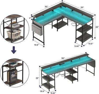 Г-подібний ігровий стіл зі світлодіодним освітленням та розетками, кутовий стіл 140x140 см, двосторонній комп&39ютерний стіл з полицею для монітора, 4 полиці та бічні кишені для домашнього офісу та офісу, чорний, 140x140x85 см