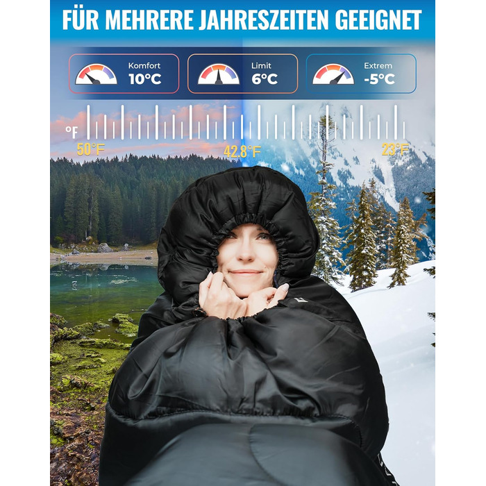Спальний мішок KingCamp для дорослих, для холодної та теплої погоди, XL, великий та високий фланелевий спальний мішок з компресійним мішком, портативний, водонепроникний, аксесуар для кемпінгу на природі, чорний фланель, 22075 см