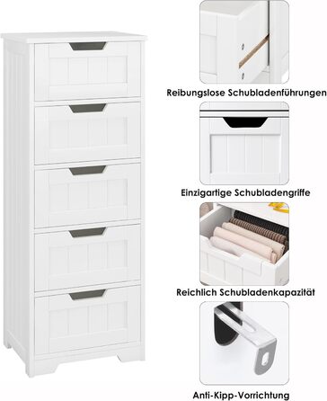 Вузька шафка для ванної кімнати заввишки 102 см, бічна шафка завширшки 40 см з 5 шухлядами, для ванної кімнати, коридору, вітальні, їдальні, 40x30x102 см (ШxГxВ), білий