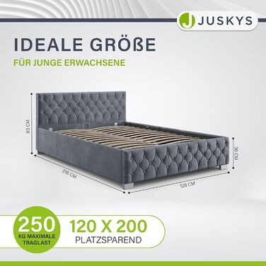 Ліжко Juskys Nice з м&39якою оббивкою 120x200 см, оксамитове, з місцем для зберігання, світлодіодним освітленням та рейковою основою - стьобане узголів&39я та честерфілдська стьобана тканина - каркас ліжка - сірий 120 x 200 см