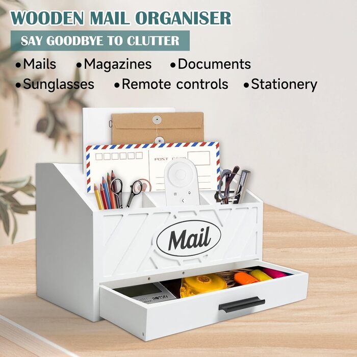 Дерев&39яний настільний органайзер для пошти, робочий органайзер для пошти з 6 відділеннями та шухлядою для офісу, школи, рахунків та документів, білий дерев&39яний настільний органайзер