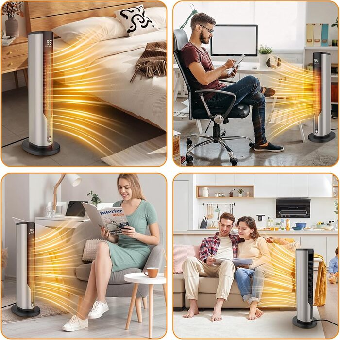 Енергозберігаючий вентилятор-обігрівач, низьке енергоспоживання 2000 Вт, тихий керамічний нагрівальний елемент 60 см, захист від перегріву та перекидання, коливання 70, 3 режими, 12-годинний таймер