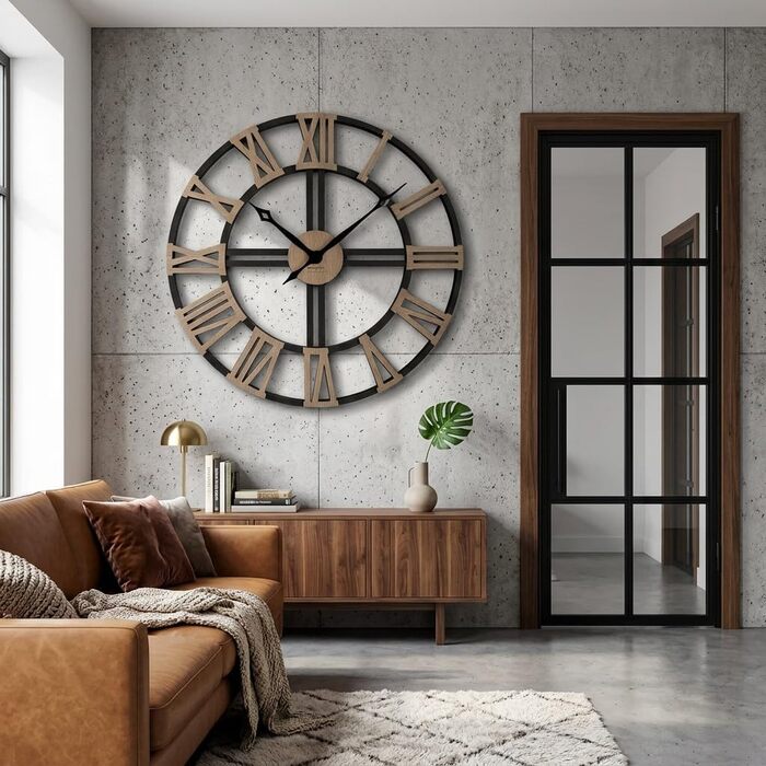 Великий настінний годинник FLEXISTYLE EKO LOFT Grande (80 см, товщина 19 мм) безтихий механізм, колір чорний (антрацит) та дуб, виробництво ЄС