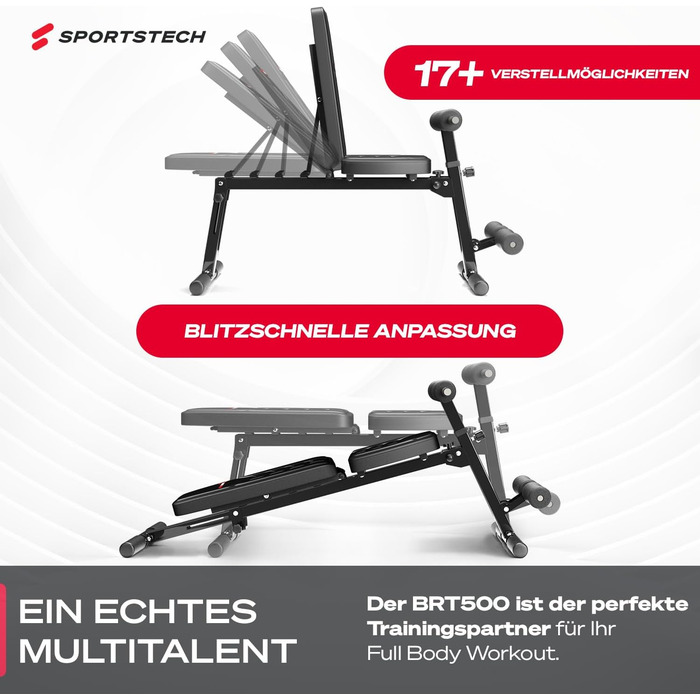Силова лава Sportstech BRT500 для домашнього використання, регульована в 17 положеннях, похилий та горизонтальний варіанти, з підйомом ніг, складна, ручки для віджимань, вантажопідйомність 300 кг, тренування всього тіла, багатофункціональна фітнес-лава, ч