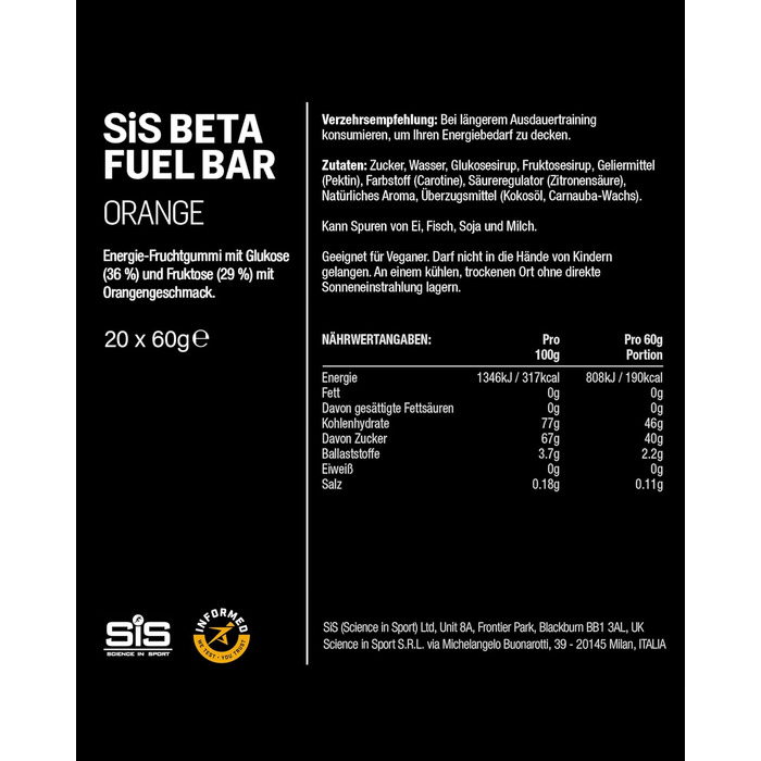 Енергетичні батончики Science in Sport BETA Fuel Bars 20 x 60 г, апельсин - веганські енергетичні батончики з 45 г вуглеводів, смачні вуглеводні батончики як ідеальні постачальники енергії для силових тренувань