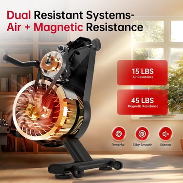 Домашній гребний тренажер, гребний тренажер з пневматичним та магнітним опором з 10 рівнями опору, велотренажер для користувачів до 158 кг, тиха подвійна рейка, світлодіодний монітор Bluetooth з тримачем для планшета, чорний BW7