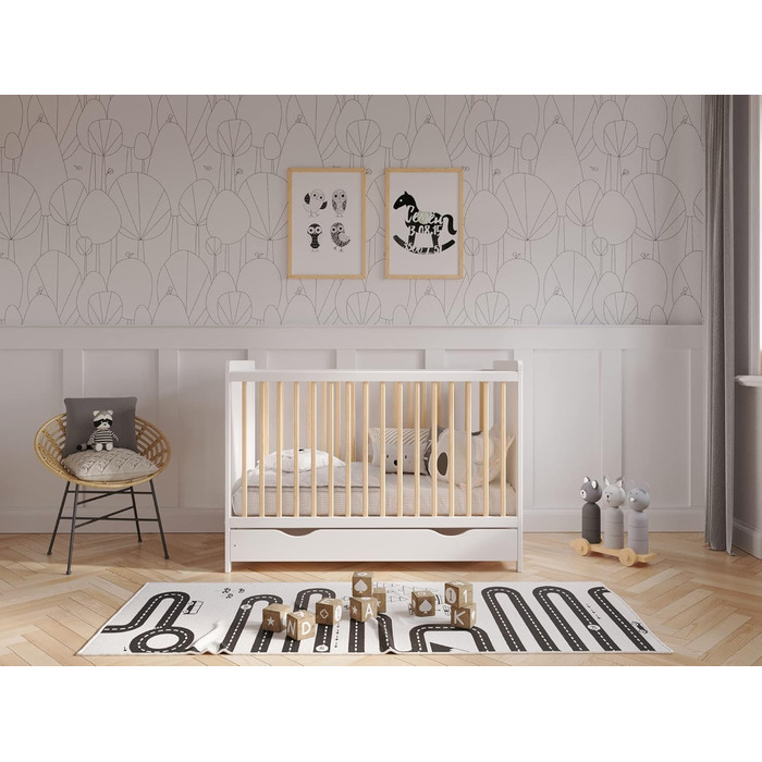 Дитяче ліжечко/спальне місце Love For Sleep 120x60 см з поролоновим матрацом та стьобаним чохлом, дитяче ліжко Tokyo білого кольору з сосни, дерев&39яне дитяче ліжко - трансформоване дитяче ліжко, білий/сосна