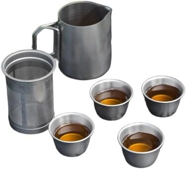 Набір для чаю з нержавіючої сталі на 4 особи, портативний, для кемпінгу, з фільтром та виливом, захищений від протікання, для подорожей та походів.