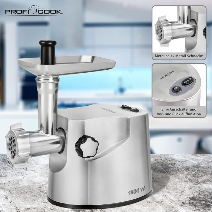 Електрична м'ясорубка Profi Cook PC-FW 1172, 1800 Вт, для м'яса, ковбас та печива, 2 кг/хв, з насадками для ковбас, кеббе та 3 сталевими дисками, нержавіюча сталь, срібляста