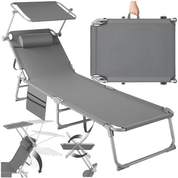 Складаний портативний шезлонг з бічною кишенею, пляжний шезлонг, садовий шезлонг з навісом, крісло-відкидний крісло з регульованою спинкою, включаючи підголівник - для балкону, тераси, кемпінгу - сірий