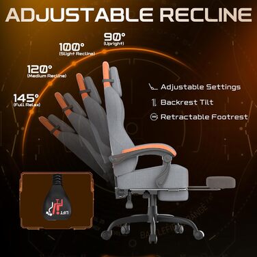 Ергономічне ігрове крісло Verdego з функцією масажу, підголівником та підставкою для ніг, оксамит, регульована спинка 90-145, регульована висота 10 см, ігрове крісло, сіро-помаранчевий оксамит