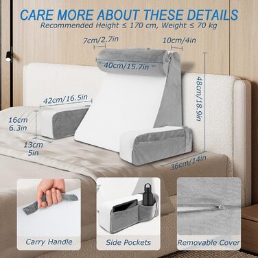 Подушка для читання HOMCA для ліжка та дивана, подушка для книги зі знімним валиком для шиї та підлокітником, подушка для спини для ліжка, настінна подушка, багатофункціональна клиноподібна подушка для читання, роботи, перегляду телевізора (36x40x48 см)