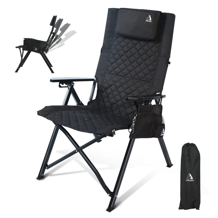 Складаний кемпінговий стілець, висока спинка, регульована спинка в 4 положеннях, до 150 кг, садовий стілець з тримачем для напоїв та бічною кишенею, рибальський стілець, вуличний стілець для кемпінгу, саду, балкону (чорний)