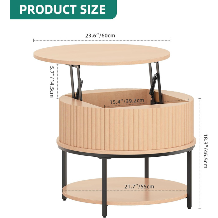 Журнальний столик з регульованою висотою, круглий журнальний столик з ребристим дизайном та прихованим місцем для зберігання, приставні столики для дивана Centro для вітальні, підйомна поверхня з дуба