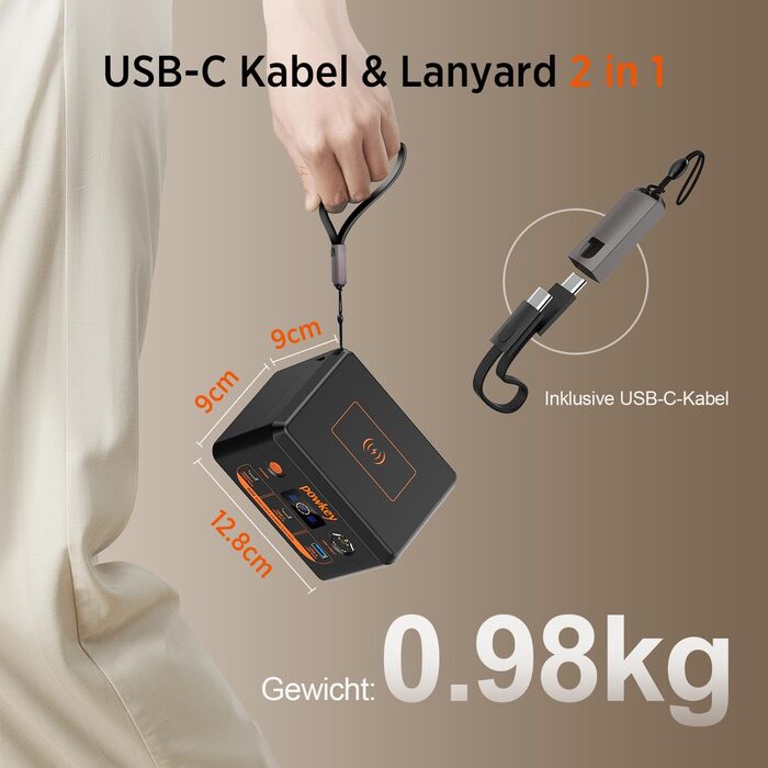 Портативна зарядна станція POWKEY, портативний зовнішній акумулятор для ноутбука ємністю 30000 мАг, акумулятор LiFePO4 96 Втгод, сонячна зарядна станція зі швидкою зарядкою USB-C потужністю 100 Вт та світлодіодним підсвічуванням для планшетів, iPhone, Mac