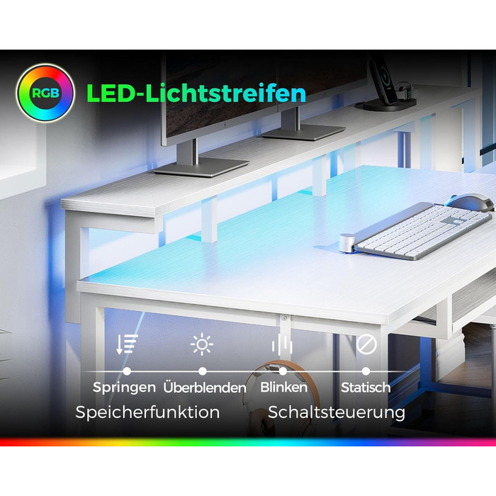 Ігровий стіл Coleshome зі світлодіодним освітленням, 140x48 см, стіл з тканинними шухлядами, комп&39ютерний стіл з 2 розетками та 2 USB-портами, ігровий стіл з підставкою для монітора для домашнього офісу, білий 140x48 см