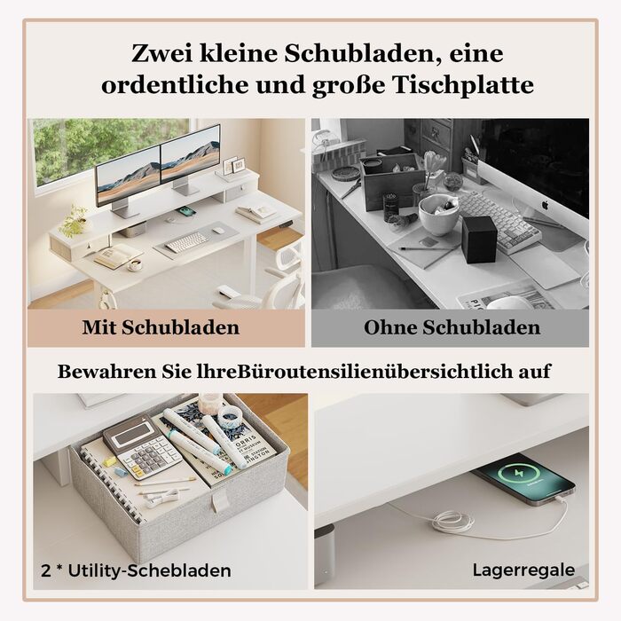 Письмовий стіл Klicelor з регульованою висотою та подвійними шухлядами, електрично регульований по висоті стіл, комп&39ютерний стіл для роботи сидячи та стоячи, ергономічний стіл для роботи стоячи, 100 x 60 см, білий