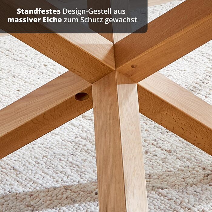 Круглий обідній стіл KHG, діаметр 130 см, скло - каркас з масиву дуба, скляна стільниця (вантажопідйомність до 90 кг) - кухонний стіл у скандинавському стилі, круглий, 130 см, скло