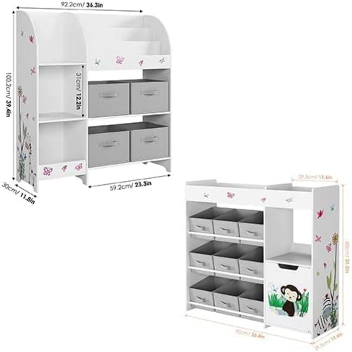 Полиця для іграшок HOCSOK 2 комплекти, дитяча полиця з 4 ящиками для зберігання, дитяча книжкова полиця з 9 тканинними шухлядами,