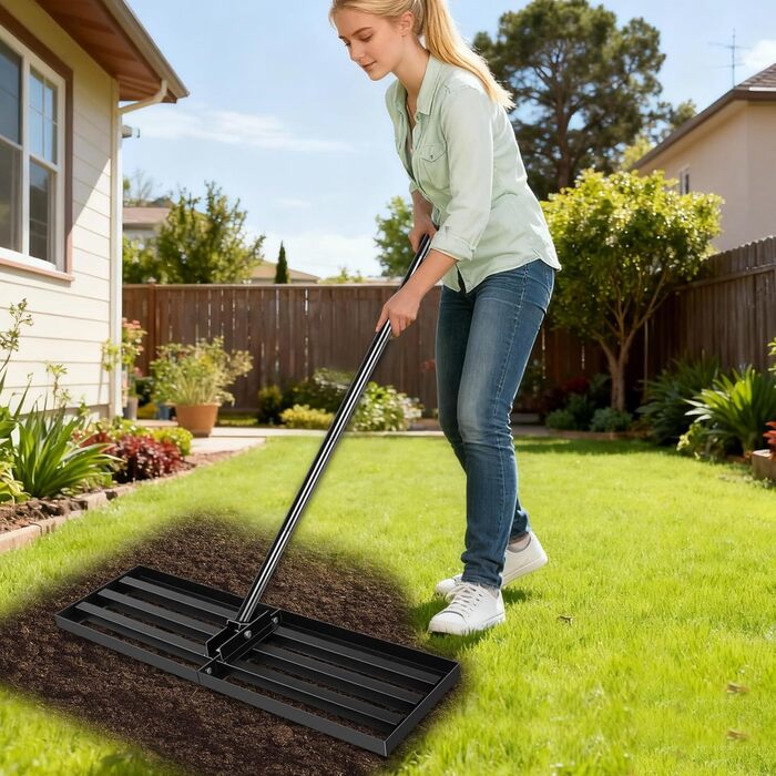 Гребінь для вирівнювання газону з нержавіючої сталі 76x25 см, з ергономічною регульованою ручкою 194 см, для видалення сміття, піску та вирівнювання газону в саду, на гольф-полі та подвірї