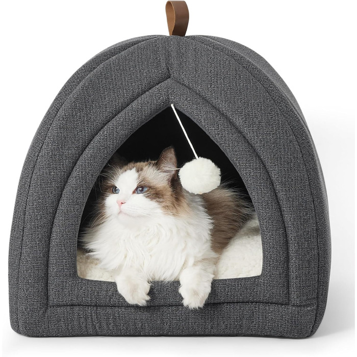 Котяче ліжко BEDSURE для великих котів, котяча печера - 40x40x40 см для приміщень зі знімною подушкою для котів шерпа та підвісною іграшкою, котяче ліжко, яке можна прати, темно-сіре