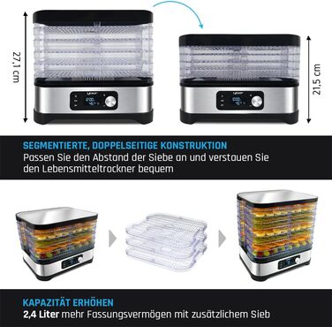 Дегідратор, 450 Вт, 4000 см2, таймер на 24 години, LED-дисплей, нержавіюча сталь INOX, без BPA, модульна конструкція, дегідратор для їжі, грибів, фруктів, м'яса, риби, овочів, 01S