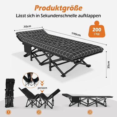 Розкладне кемпінгове ліжко, розкладне гостьове ліжко до 200 кг, розкладне ліжко з бічною кишенею, портативний кемпінговий шезлонг, для використання на свіжому повітрі, в саду, кемпінгу, подорожей та в приміщенні (чорне)