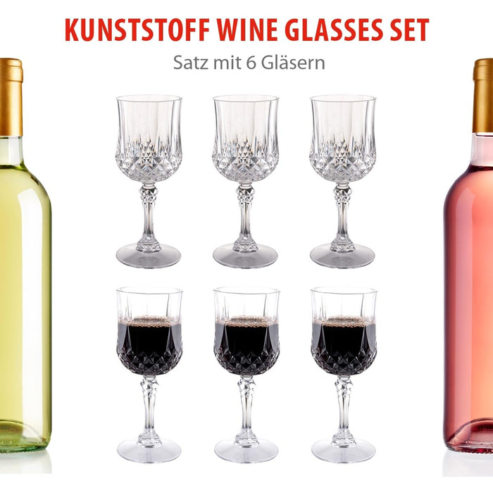 Набір келихів для вина alpina пластикові 6 шт. - Пластикові келихи для вина 200 мл - Келих для вина з кришталевим ефектом - Багато