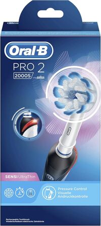 Електрична зубна щітка/електрична зубна щітка Oral-B PRO 2 2000S, з 2 режимами чищення та візуальним контролем тиску для догляду за зубами, дизайн Braun, чорний