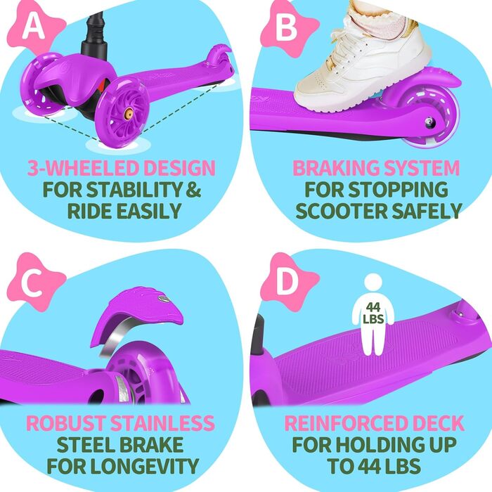 Самокат дитячий 2 роки, 3-колісний самокат зі світлодіодними колесами, що світяться, регульований по висоті, нахил для керування,