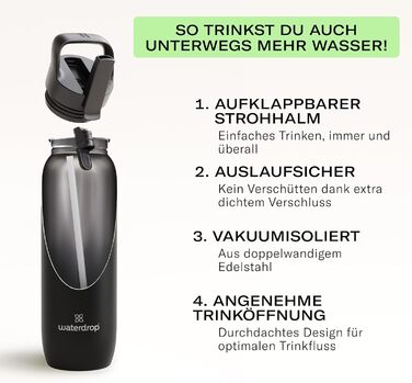 Термос Waterdrop універсального призначення 1 л Пляшка для пиття з трубочкою Ізольована нержавіюча сталь, зберігає напої холодними протягом 24 годин Гарячими протягом 6 годин Герметична та ударостійка Термокружка без бісфенолу А, чорна, 1000 мл